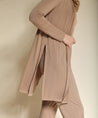 A taupe bamboo knit long cardigan on female model