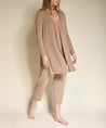 A taupe bamboo knit long cardigan on female model