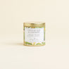 Coco de mer and cashmere candle in a gold tin surrounded by tropical props